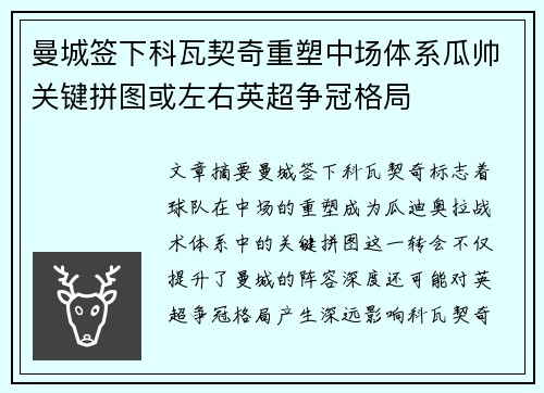 曼城签下科瓦契奇重塑中场体系瓜帅关键拼图或左右英超争冠格局 曼城签下科瓦契奇重塑中场体系瓜帅关键拼图或左右英超争冠格局