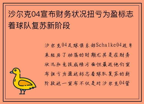 沙尔克04宣布财务状况扭亏为盈标志着球队复苏新阶段